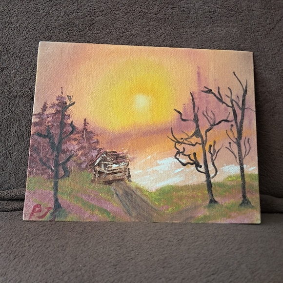 Bob Ross Inspired Cabin in the Woods Lakeside Hazy Sun Hand Painted Oil Canvas - Picture 3 of 6